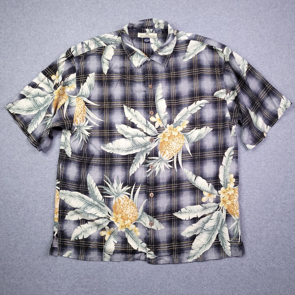 Tommy Bahama Shirt Mens Large 100% Silk Hawaiian Pineapple Plaid